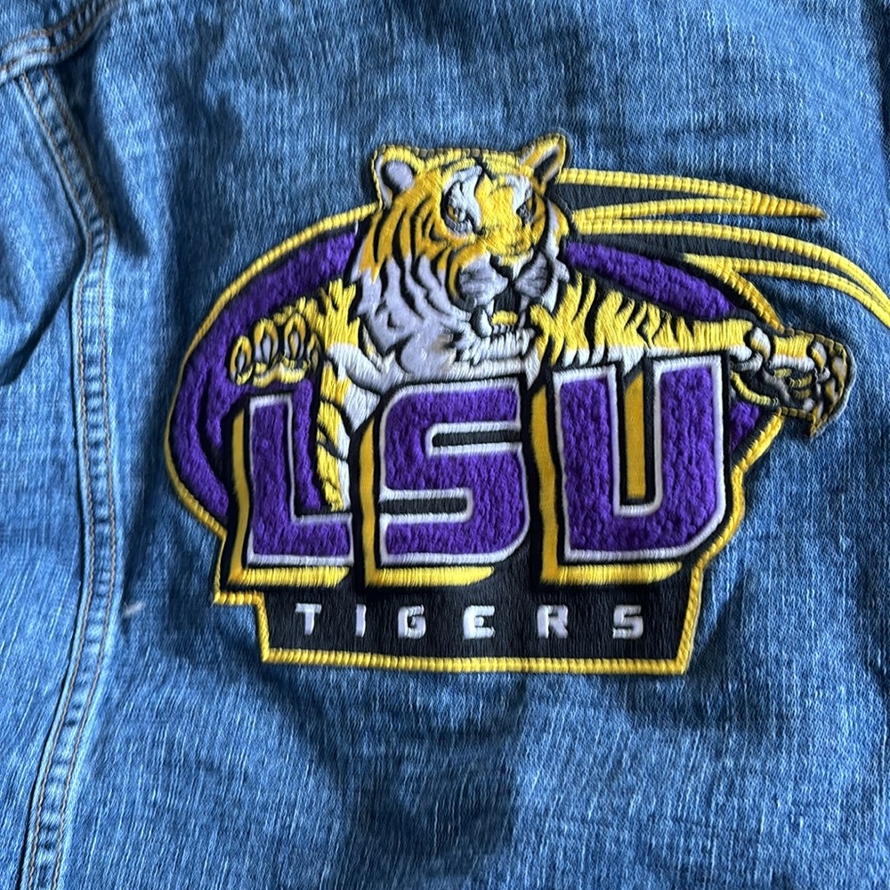 Team Apparel Blue Denim Jean Jacket with Purple and Gold LSU Patch